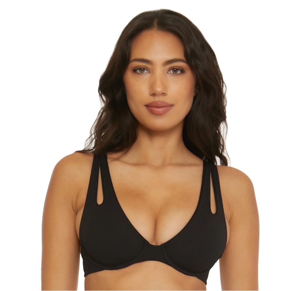 Becca NWT black modern edge underwire ribbed double strap bikini top